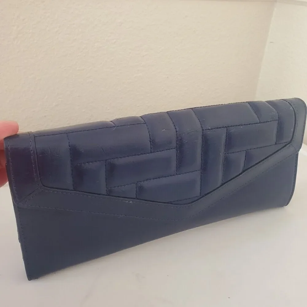 Hobo International Navy Blue Patent Leather Quilted Clutch Wallet Wristlet Organ